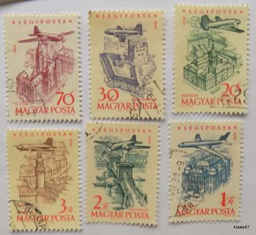 Hungary - 1958 - Airmail - Airplanes over Landmarks - 6 cancelled and hinged stamps
