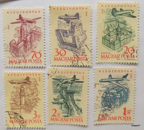 Hungary - 1958 - Airmail - Airplanes over Landmarks - 6 cancelled and hinged stamps