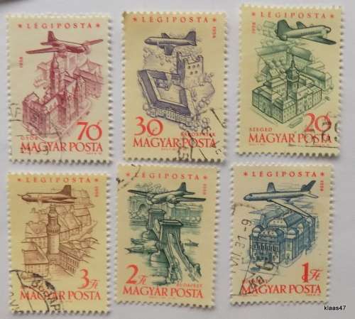 Hungary - 1958 - Airmail - Airplanes over Landmarks - 6 cancelled and hinged stamps