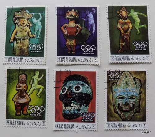 Ras Al Khaima - 1968 - Mexico Olympics - 6 cancelled and hinged stamps