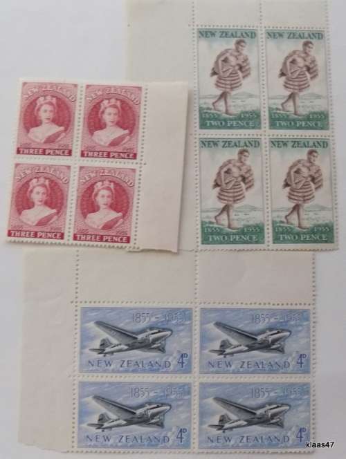 New Zealand - 1955 - Stamp Centenary - Set of 3 blocks of 4 unused stamps