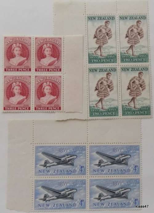 New Zealand - 1955 - Stamp Centenary - Set of 3 blocks of 4 unused stamps