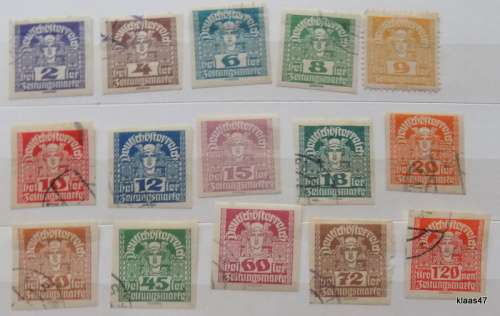 Austria - 1920-1 - Mercury - Newspaper stamps - 15 used hinged imperforate stamps