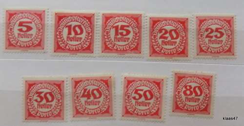 Austria - 1919  - Postage Due -  5-80 Heller - Red - Porto - 9 Unused Hinged Stamps