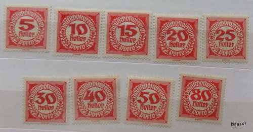 Austria - 1919  - Postage Due -  5-80 Heller - Red - Porto - 9 Unused Hinged Stamps