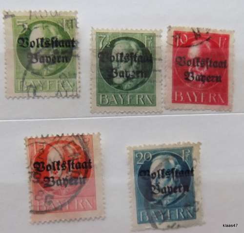 Bavaria - 1919 - Overprinted `Volkstaat Bayern` - 5 used hinged stamps