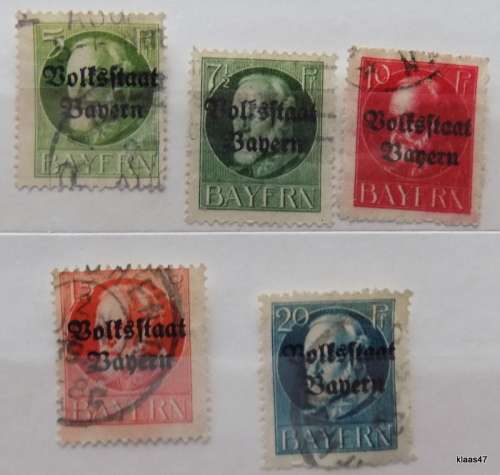 Bavaria - 1919 - Overprinted `Volkstaat Bayern` - 5 used hinged stamps