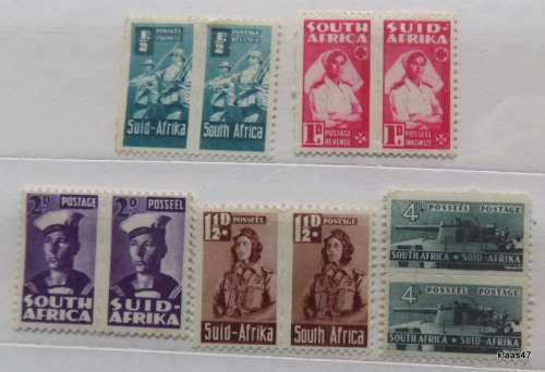 Union of South Africa - 1940`s - Small Issue War Stamps - 5 pairs Unused hinged stamps