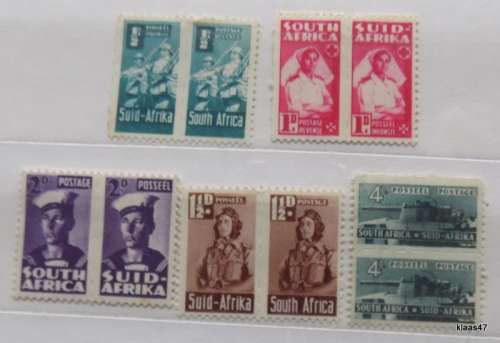 Union of South Africa - 1940`s - Small Issue War Stamps - 5 pairs Unused hinged stamps