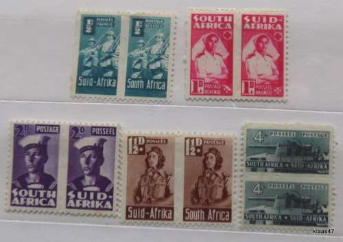 Union of South Africa - 1940`s - Small Issue War Stamps - 5 pairs Unused hinged stamps