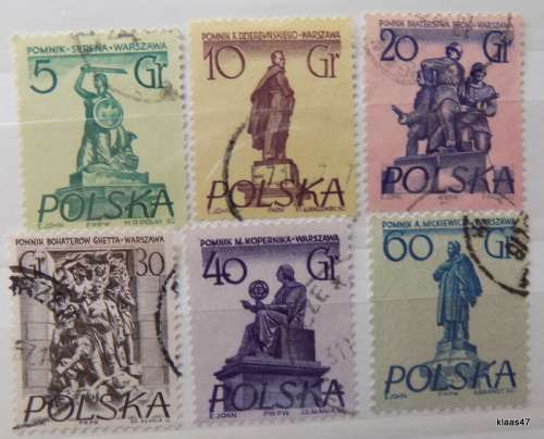 Poland - 1955 - Warsaw statues + 1956 Monument to the Ghetto Heroes - 6 used stamps