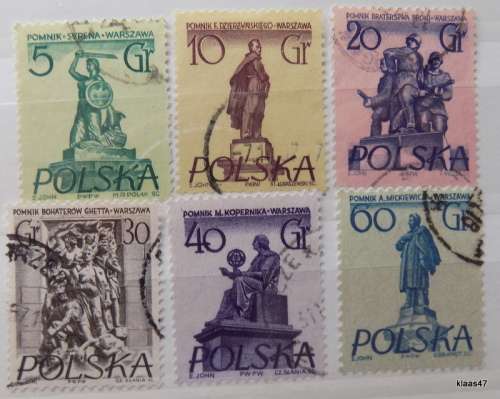 Poland - 1955 - Warsaw statues + 1956 Monument to the Ghetto Heroes - 6 used stamps