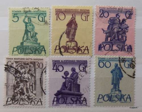 Poland - 1955 - Warsaw statues + 1956 Monument to the Ghetto Heroes - 6 used stamps
