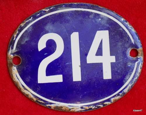 Vintage - Oval - White on Blue - Enamel Number 214 -