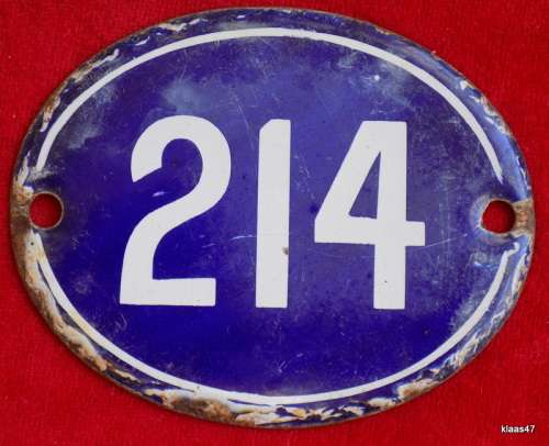 Vintage - Oval - White on Blue - Enamel Number 214 -