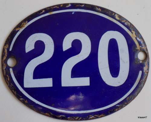 Vintage - Oval - White on Blue - Enamel Number 220 -