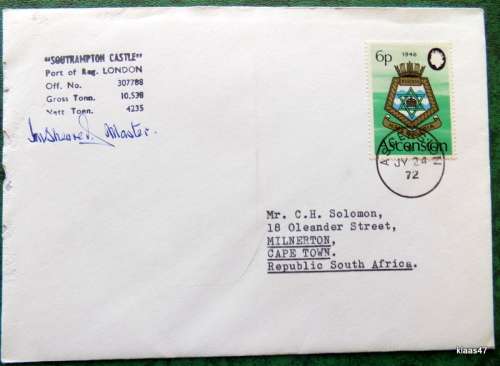 Union-Castle Line envelope - Southampton Castle - Post mark Ascension - JY 24 72