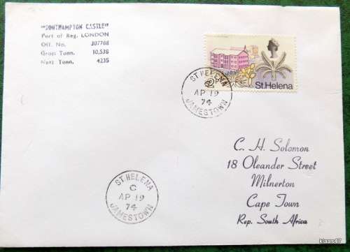 Union-Castle Line envelope - Pendennis Castle - Post mark St. Helena Jamestown - JA 5 74