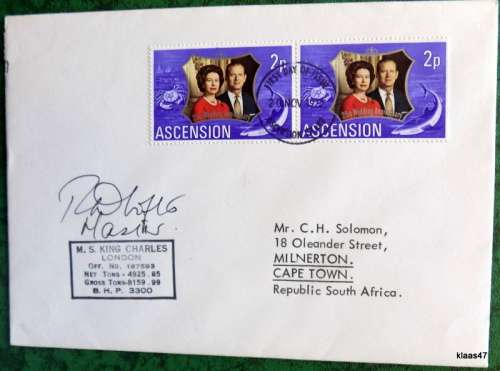 Union Castle Line Envelope - Postmark 10 NOV 1972 Southampton - Ascension M.S. King Charles - signed