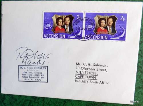 Union Castle Line Envelope - Postmark 10 NOV 1972 Southampton - Ascension M.S. King Charles - signed