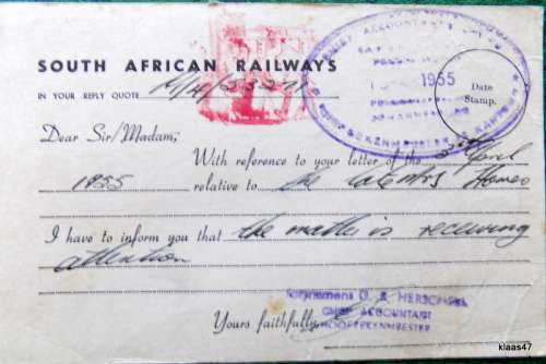 South African Railways - G. 26 - Post Card - 1955 Date Stamp
