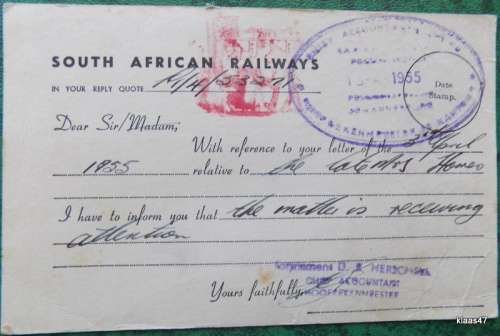 South African Railways - G. 26 - Post Card - 1955 Date Stamp