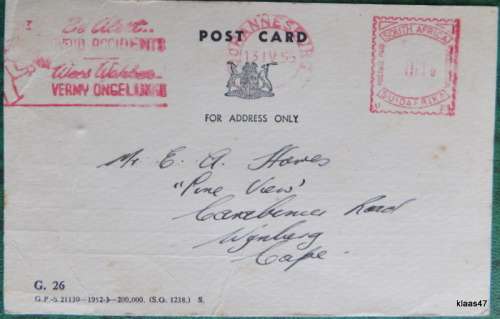 South African Railways - G. 26 - Post Card - 1955 Date Stamp