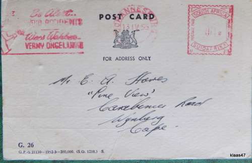 South African Railways - G. 26 - Post Card - 1955 Date Stamp