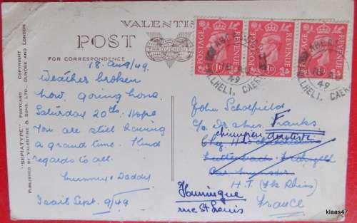 Vintage Valentine Post Card - Sepiatype - W.2347 - Bungalows, Abersoch - 1949 to France