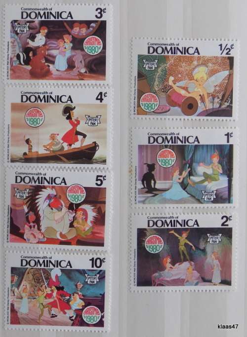 Dominica - 1980 - Christmas with Peter Pan - 7 Unused hinged stamps