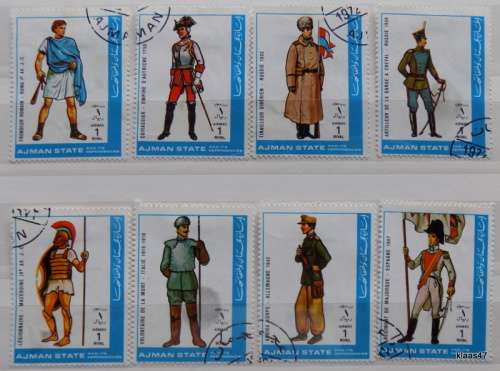 Ajman - 1972 - Military uniforms - 8 cancelled hinged stamps