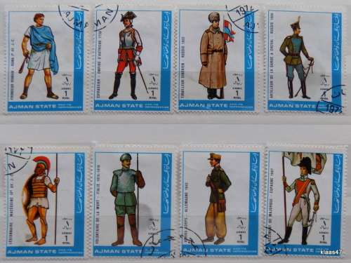 Ajman - 1972 - Military uniforms - 8 cancelled hinged stamps