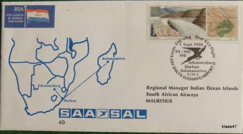First Flight to Mauritius - Signed cover. SAA SAL Certified Flight Cover No 49 - 1990 -