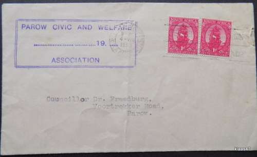Parow Civic and Welfar Ass. Address to Councillor Dr Envelope - Post Mark  4-VIII-1953 -