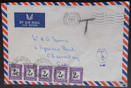 Envelope - Strip of 5x2c S.A. Postage Due stamps - Posted Saltcoats Ayrshire 1971 to Observatory