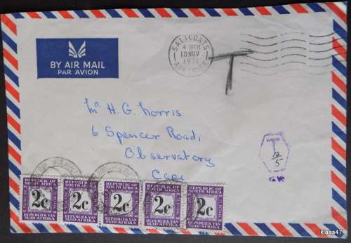 Envelope - Strip of 5x2c S.A. Postage Due stamps - Posted Saltcoats Ayrshire 1971 to Observatory
