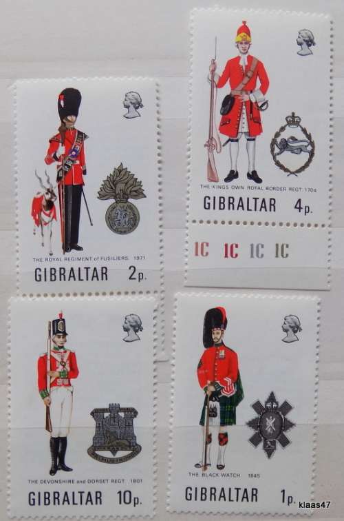 Gibraltar - 1971 - Military Uniforms Series - Set of 4 Unused stamps (details on back of each stamp)