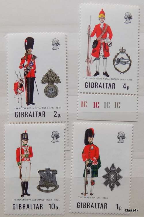 Gibraltar - 1971 - Military Uniforms Series - Set of 4 Unused stamps (details on back of each stamp)