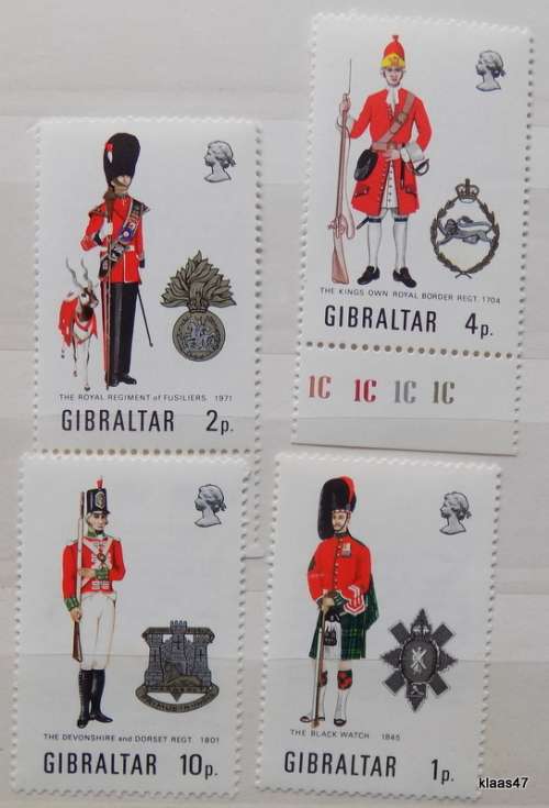 Gibraltar - 1971 - Military Uniforms Series - Set of 4 Unused stamps (details on back of each stamp)