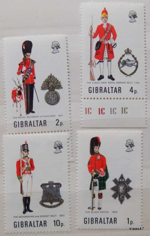 Gibraltar - 1971 - Military Uniforms Series - Set of 4 Unused stamps (details on back of each stamp)