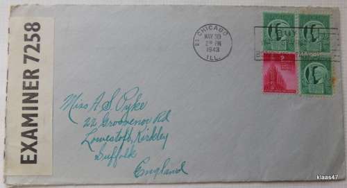 Censored Mail - 1943 - From Chicago, USA to Suffolk, England - Examiner 7258
