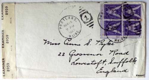 Censored Mail - 1945 - From Maine, USA to Suffolk, England - Examiner 8959 - Block of 4 Win the War