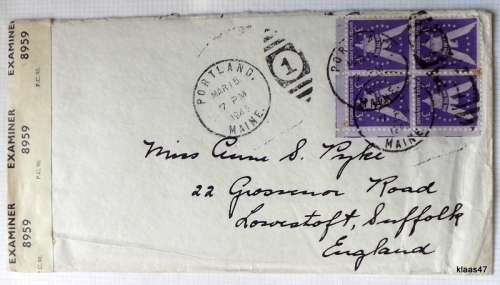 Censored Mail - 1945 - From Maine, USA to Suffolk, England - Examiner 8959 - Block of 4 Win the War