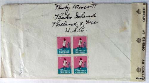 Censored Mail - 1945 - From Maine, USA to Suffolk, England - Examiner 8959 - Block of 4 Win the War