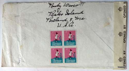 Censored Mail - 1945 - From Maine, USA to Suffolk, England - Examiner 8959 - Block of 4 Win the War