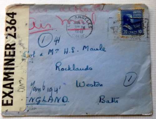 Censored Mail - 1941 - From California, USA to Bath, England - Examiner 2364