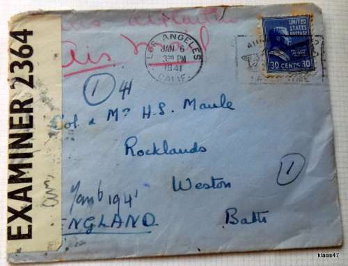 Censored Mail - 1941 - From California, USA to Bath, England - Examiner 2364
