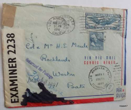 Censored Mail - 1941 - From California, USA to Bath, England - Examiner 2238