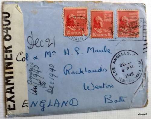 Censored Mail - 1940 - From California, USA to Bath, England - Examiner 6400