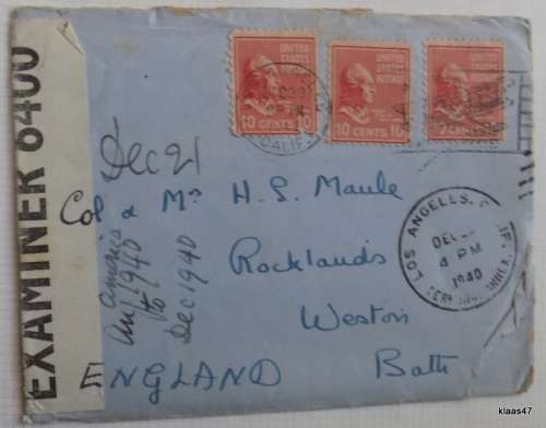 Censored Mail - 1940 - From California, USA to Bath, England - Examiner 6400